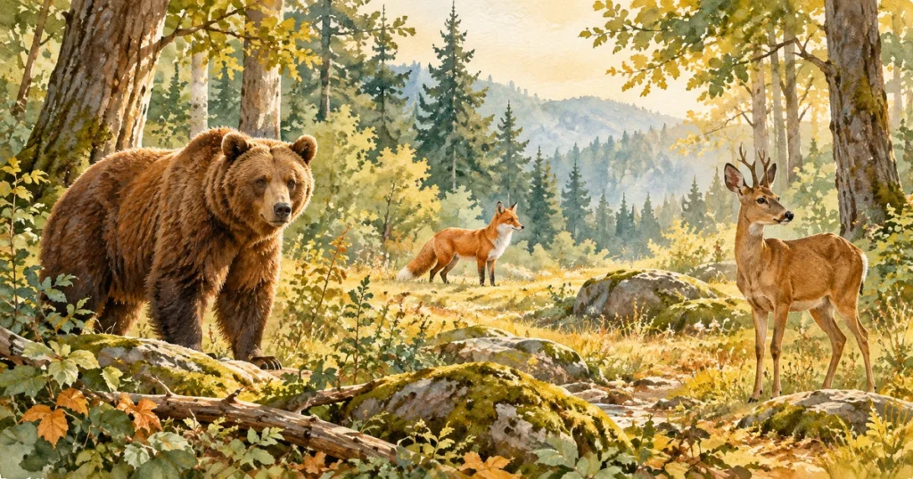 Urs brun, vulpe și căprioară într-un peisaj de pădure.
